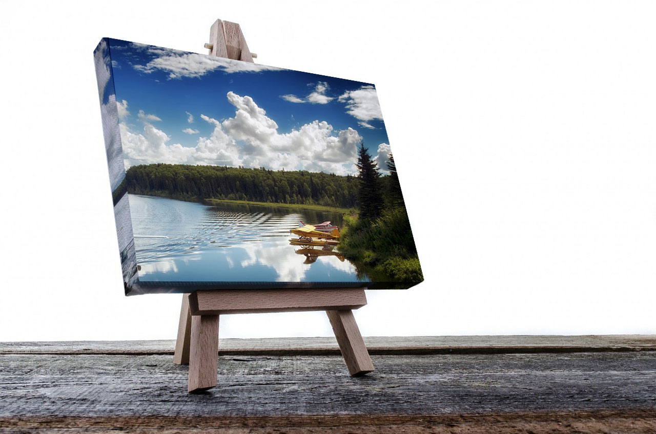 Photo of a float plane on an Alaskan lake, printed on canvas