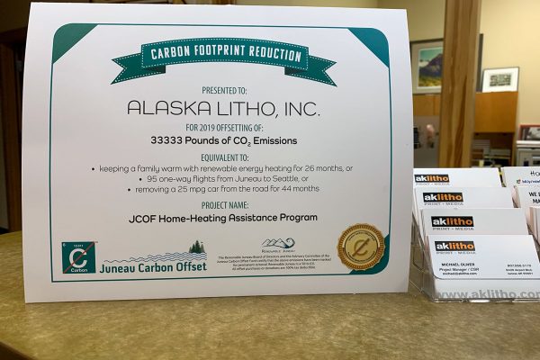 Certificate for offset carbon from being a Supporting Partner of the Juneau Carbon Offset Fund